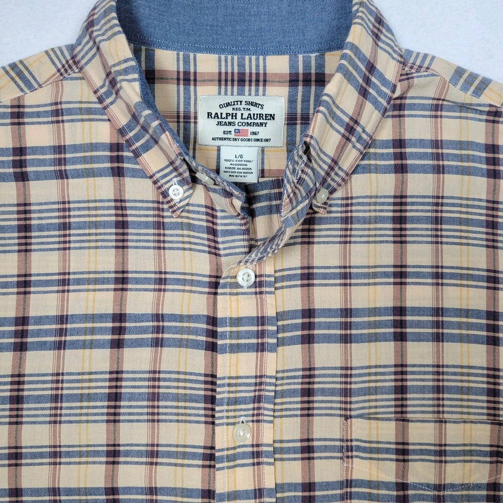 Ralph‎ Lauren Jean Co Plaid Short Sleeve Tan & Blue Button Up Shirt Men's L